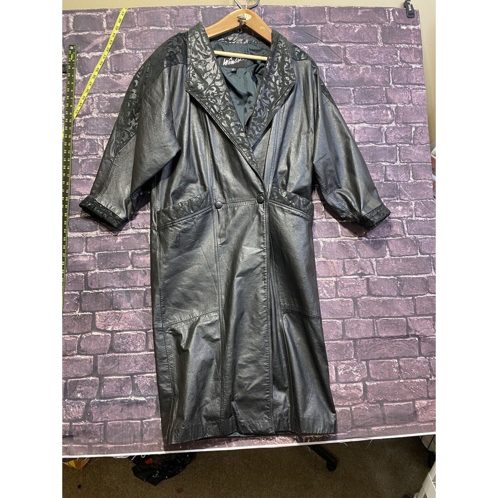 Winlit‎ Black Genuine Leather Long Trench Coat Jacket 80s Classic Womens Medium